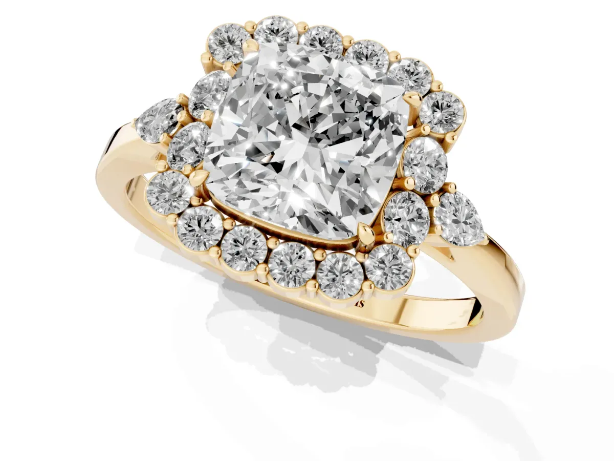 Cushion Cut Diamond Halo Ring with Pear Side Stones and Prong Setting Yellow gold