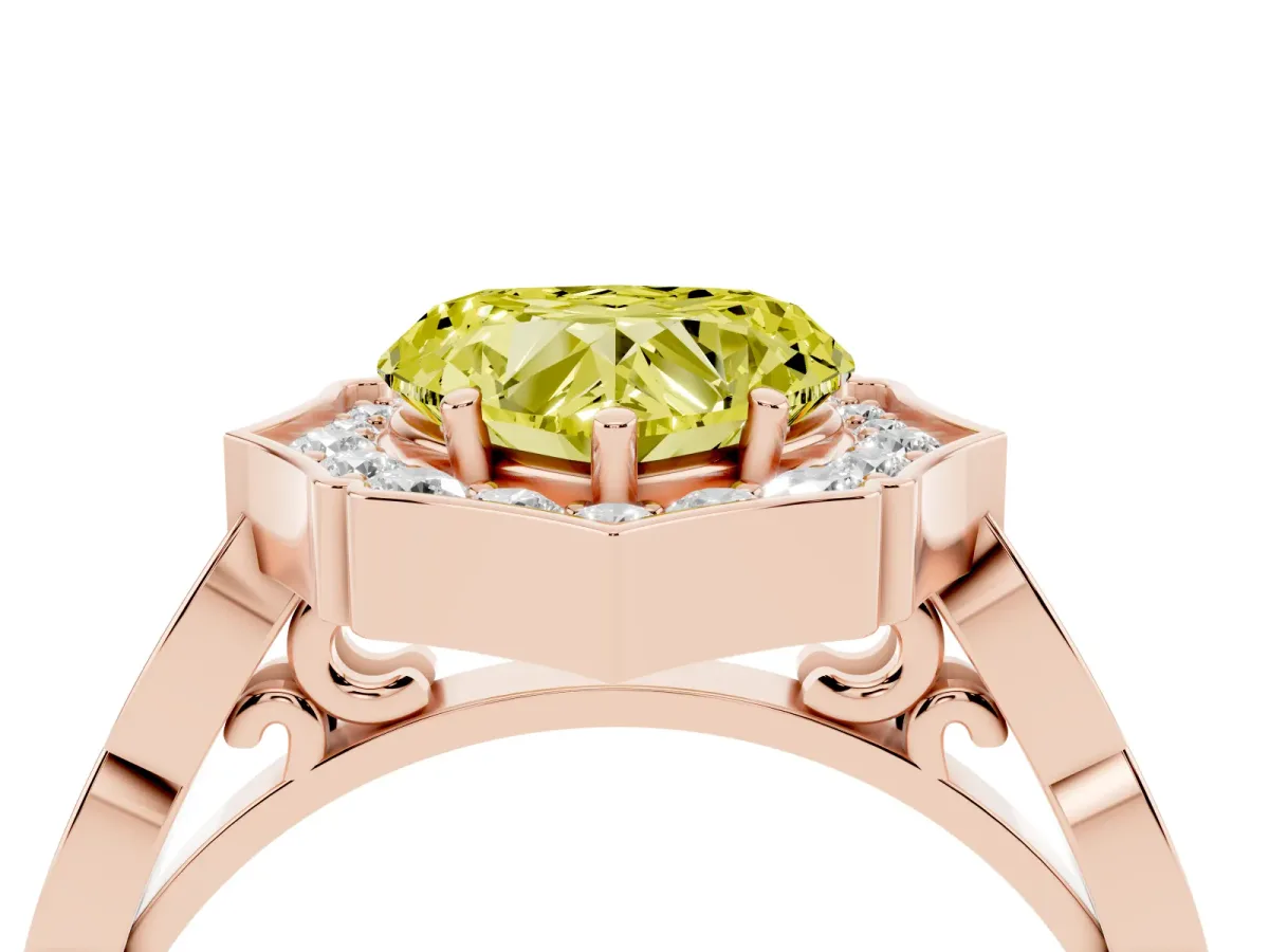 Fancy Yellow Heart Cut Halo Diamond Engagement Ring with Milgrain Band and Four-Prong Setting Rose gold