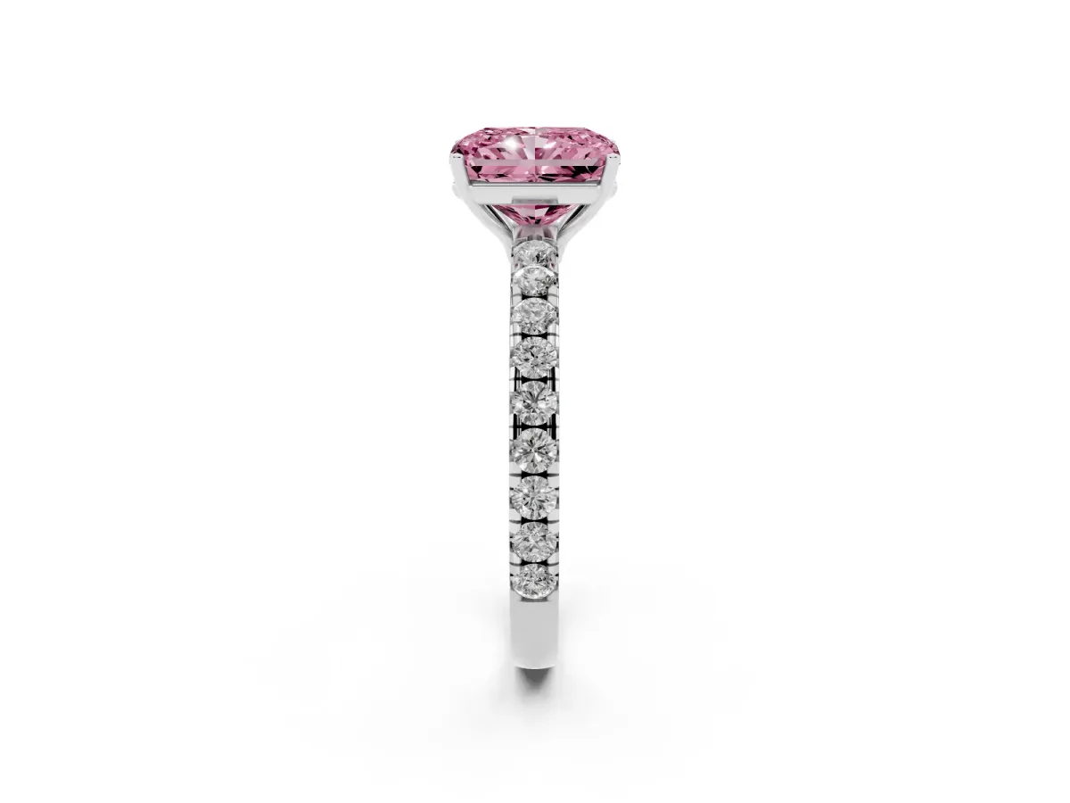Fancy Pink Radiant Cut Diamond Pavé Solitaire Engagement Ring with Four-Prong Setting Silver