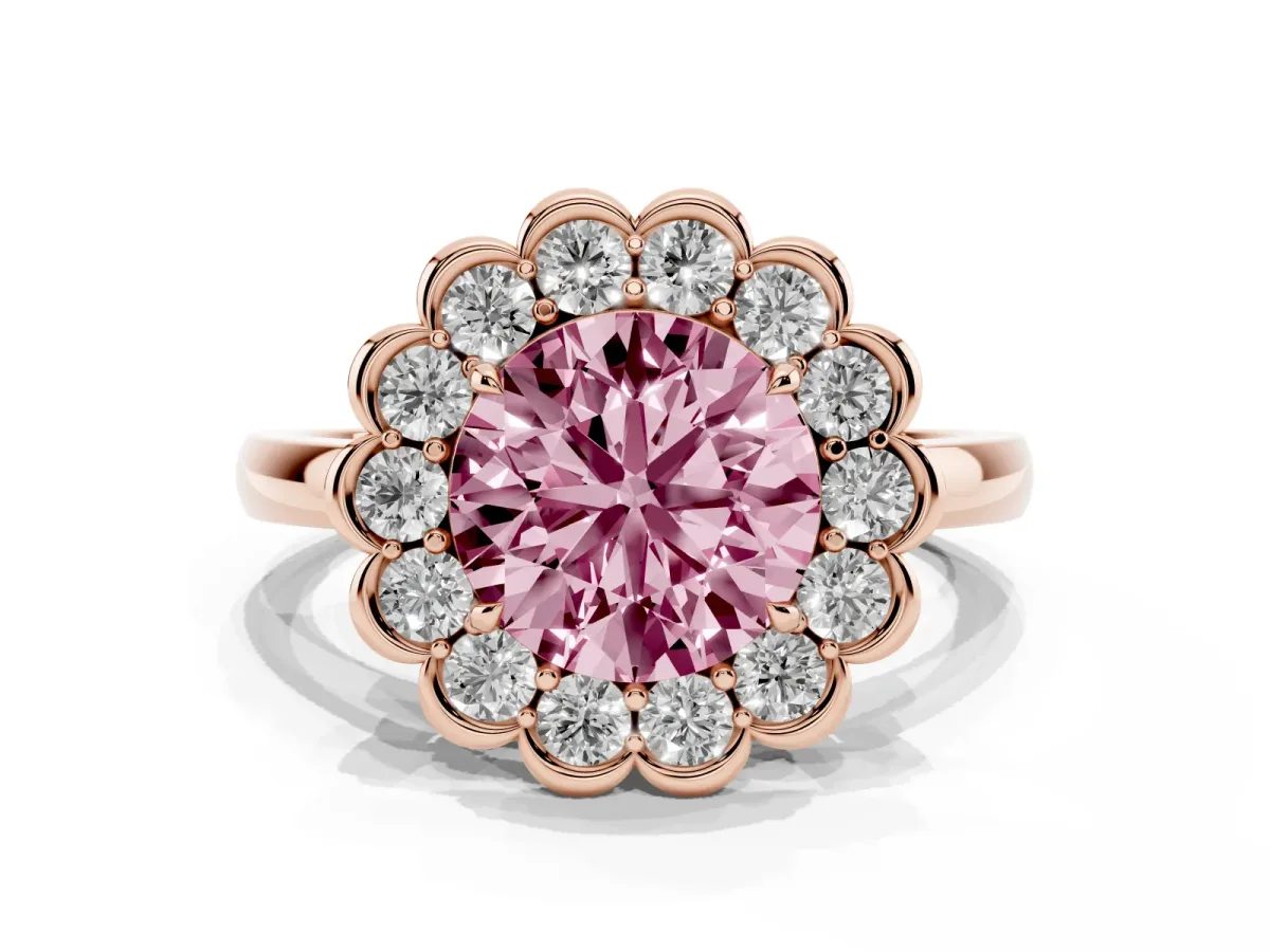 Fancy Pink Round Cut Halo Cluster Diamond Engagement Ring with Solitaire Band and Prong Setting Rose gold