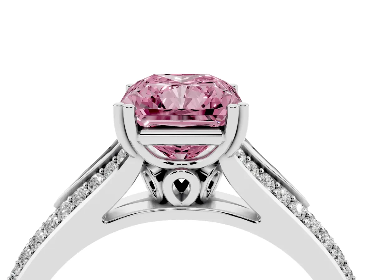 Fancy Pink Radiant Cut Diamond Split Shank Engagement Ring with Pavé Band Platinum