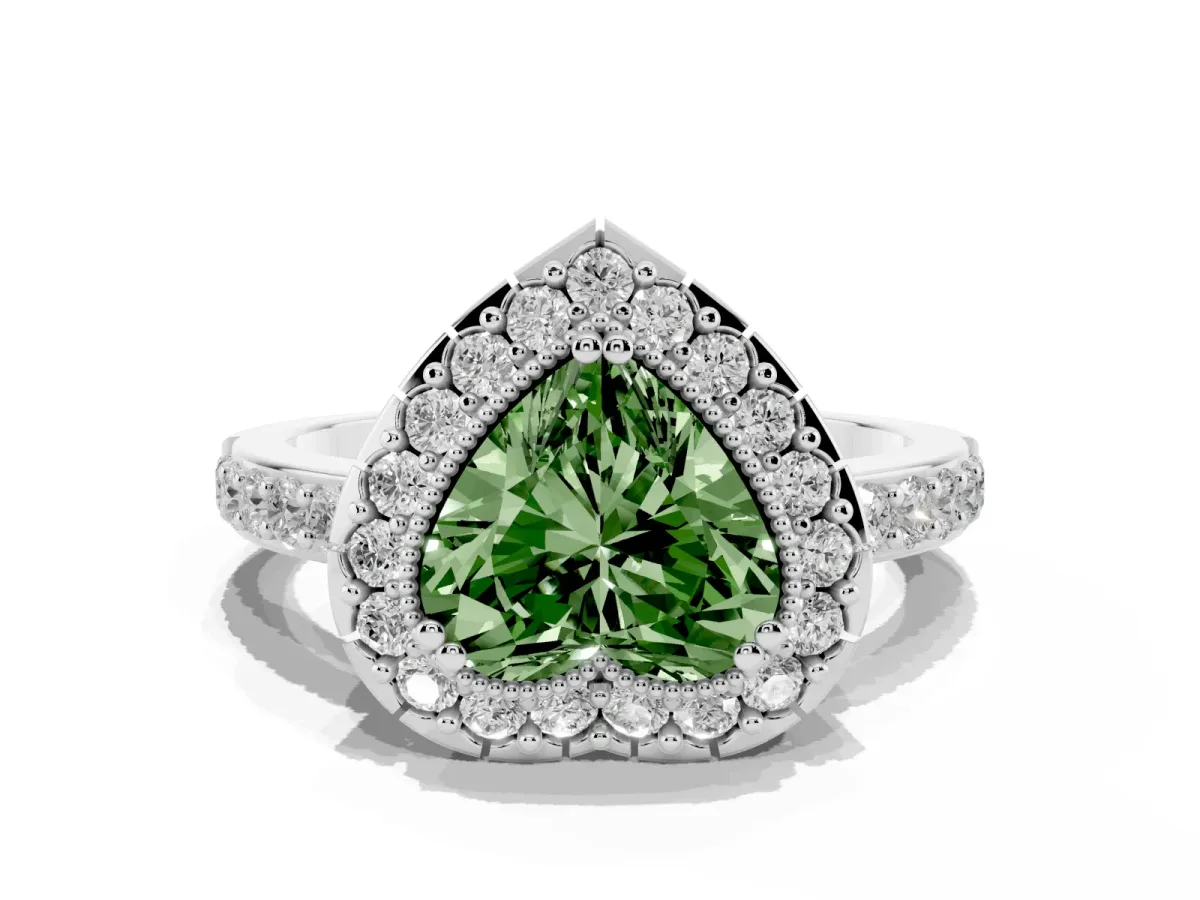 Fancy Green Heart Cut Diamond Halo Ring with Pavé Band and Prong Setting Platinum