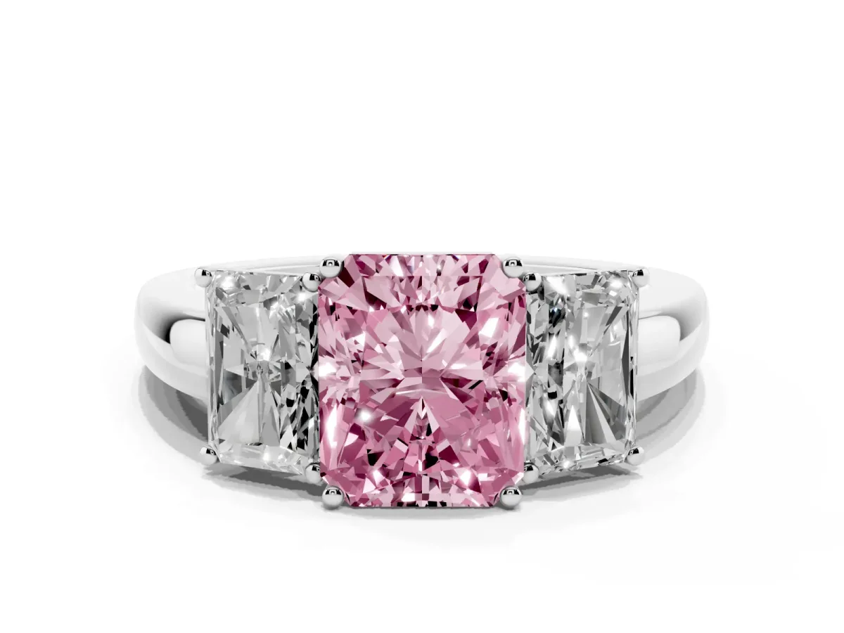 Fancy Pink Radiant Cut Diamond Three-Stone Ring with Four-Prong Setting and Classic Band Silver