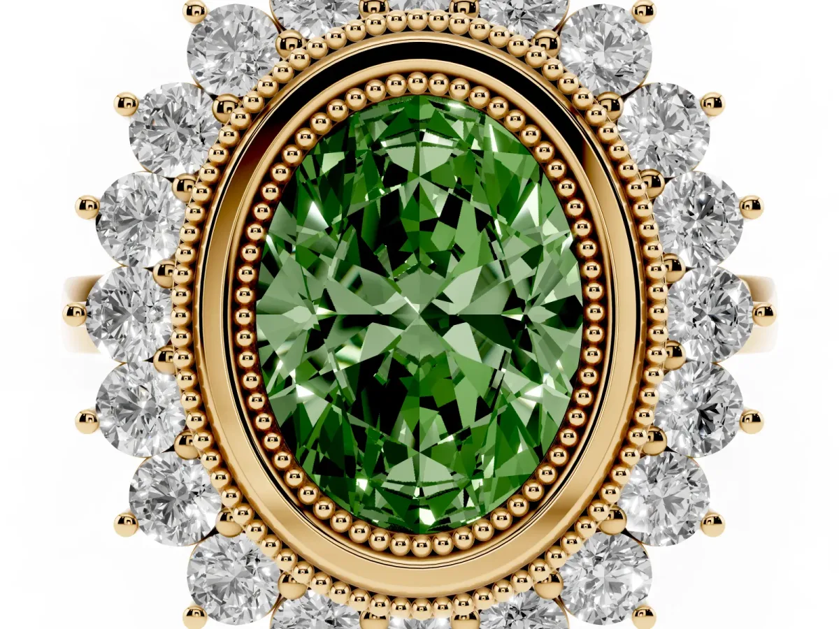 Fancy Green Oval Cut Halo Diamond Ring with Milgrain Edge and Round Prong Setting Yellow gold