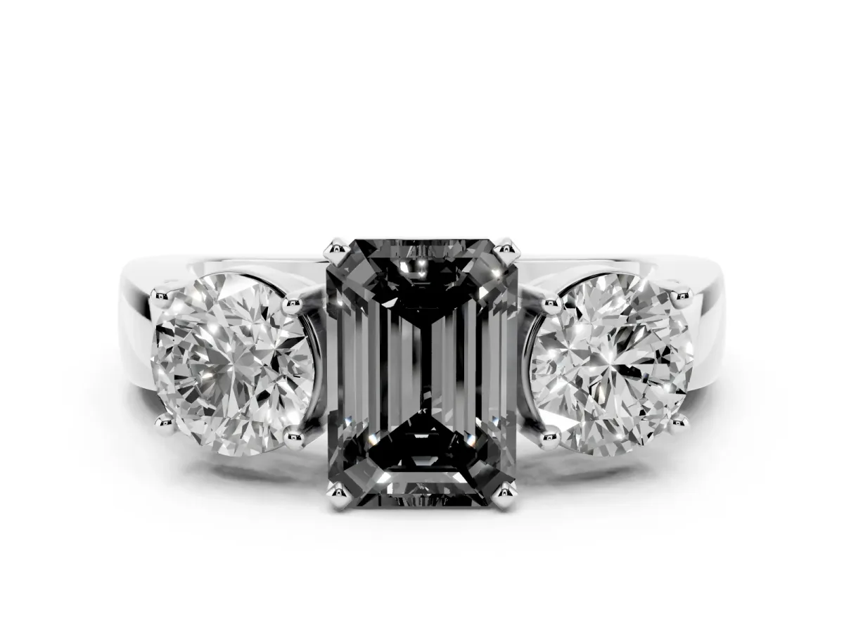 Fancy Black Three-Stone Emerald Cut Diamond Ring with Round Side Stones, Classic Band, and Four-Prong Setting Silver