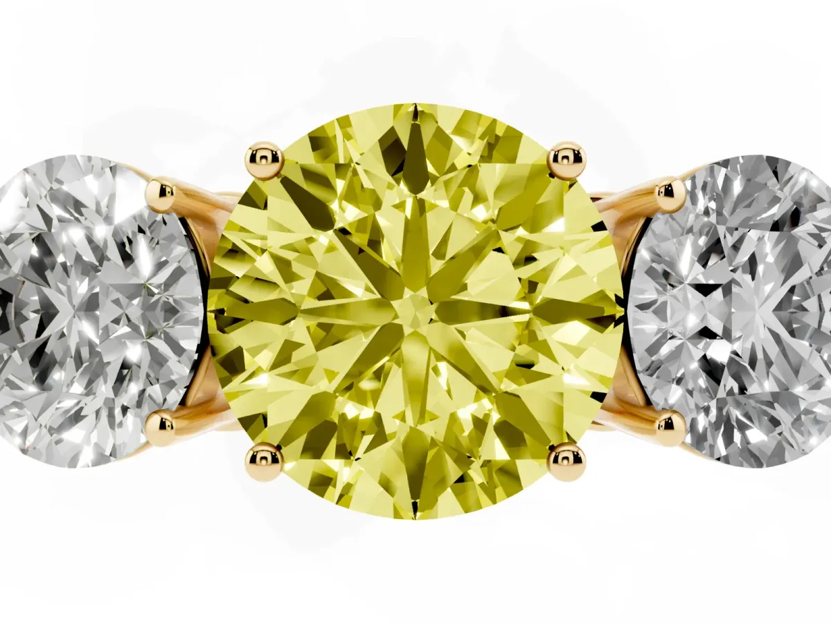 Fancy Yellow Round Cut Diamond Three-Stone Ring with Prong Setting and Textured Band Yellow gold