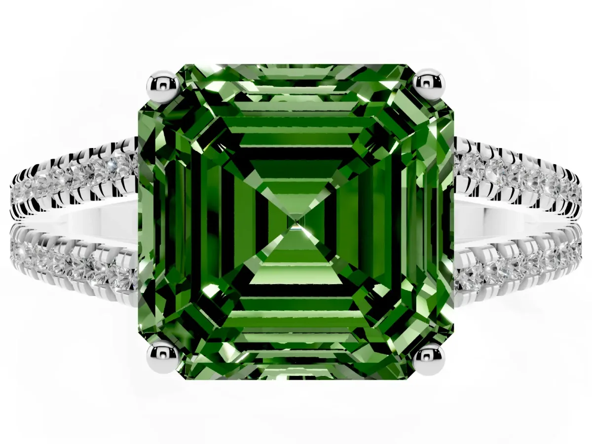 Fancy Green Asscher Cut Diamond Solitaire Engagement Ring with Split Shank Pavé Band Silver