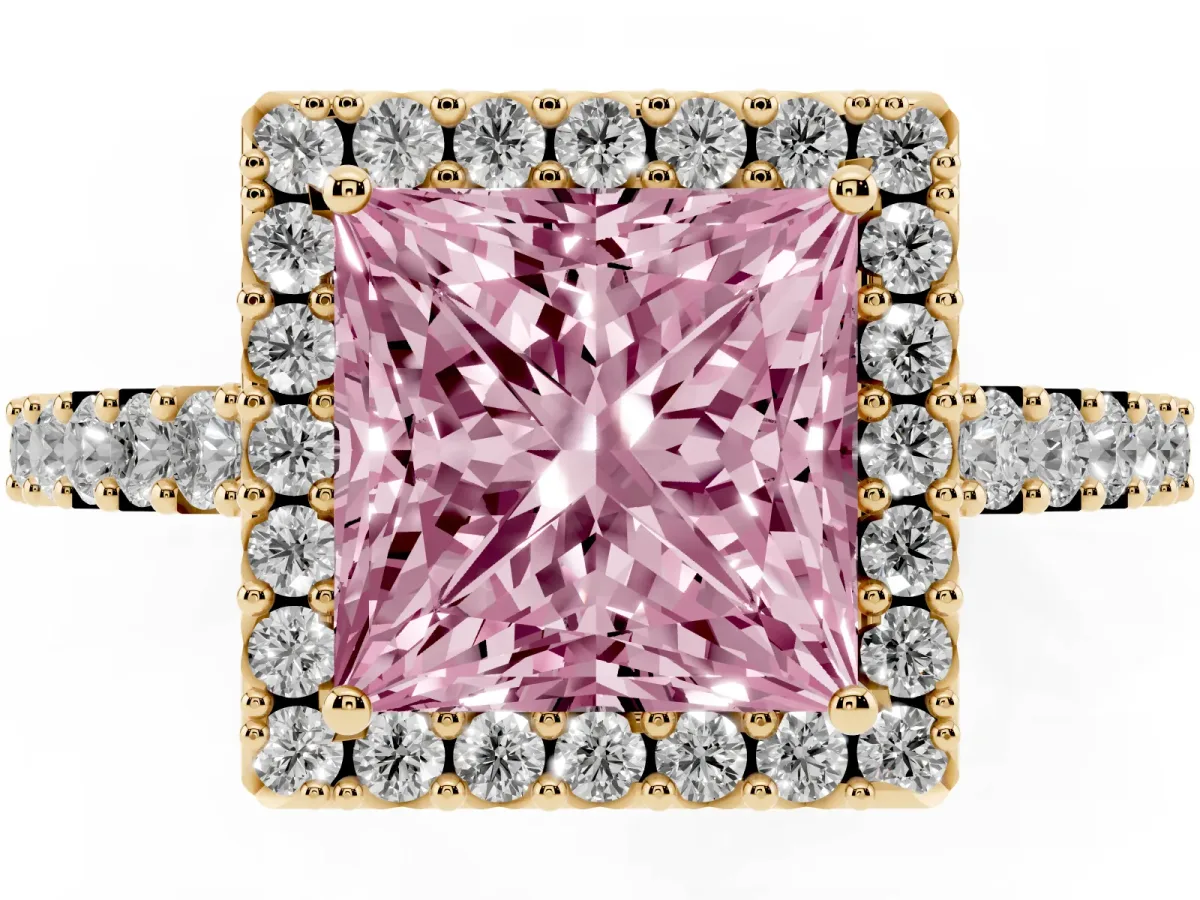 Fancy Pink Princess Cut Halo Diamond Pavé Solitaire Ring Yellow gold