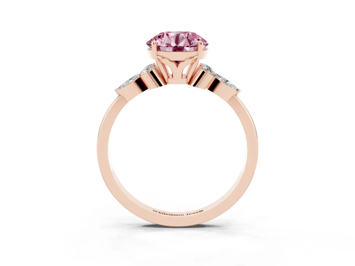 Fancy Pink Round Cut Brilliant Diamond Solitaire Ring with Pear Side Stones and Four-Prong Setting Rose gold