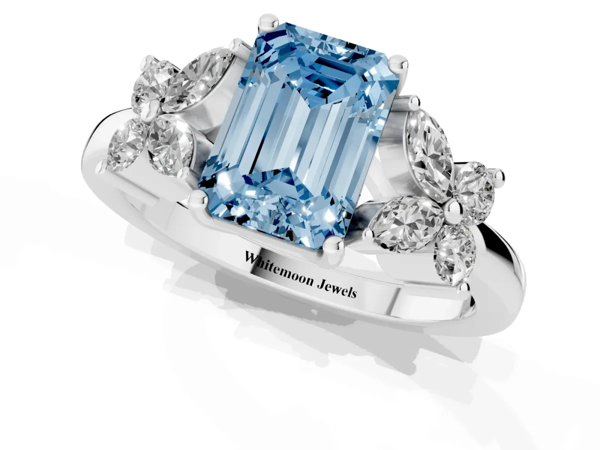 Fancy Blue Emerald Cut Diamond Floral Cluster Ring with Solitaire Band and Prong Setting Silver
