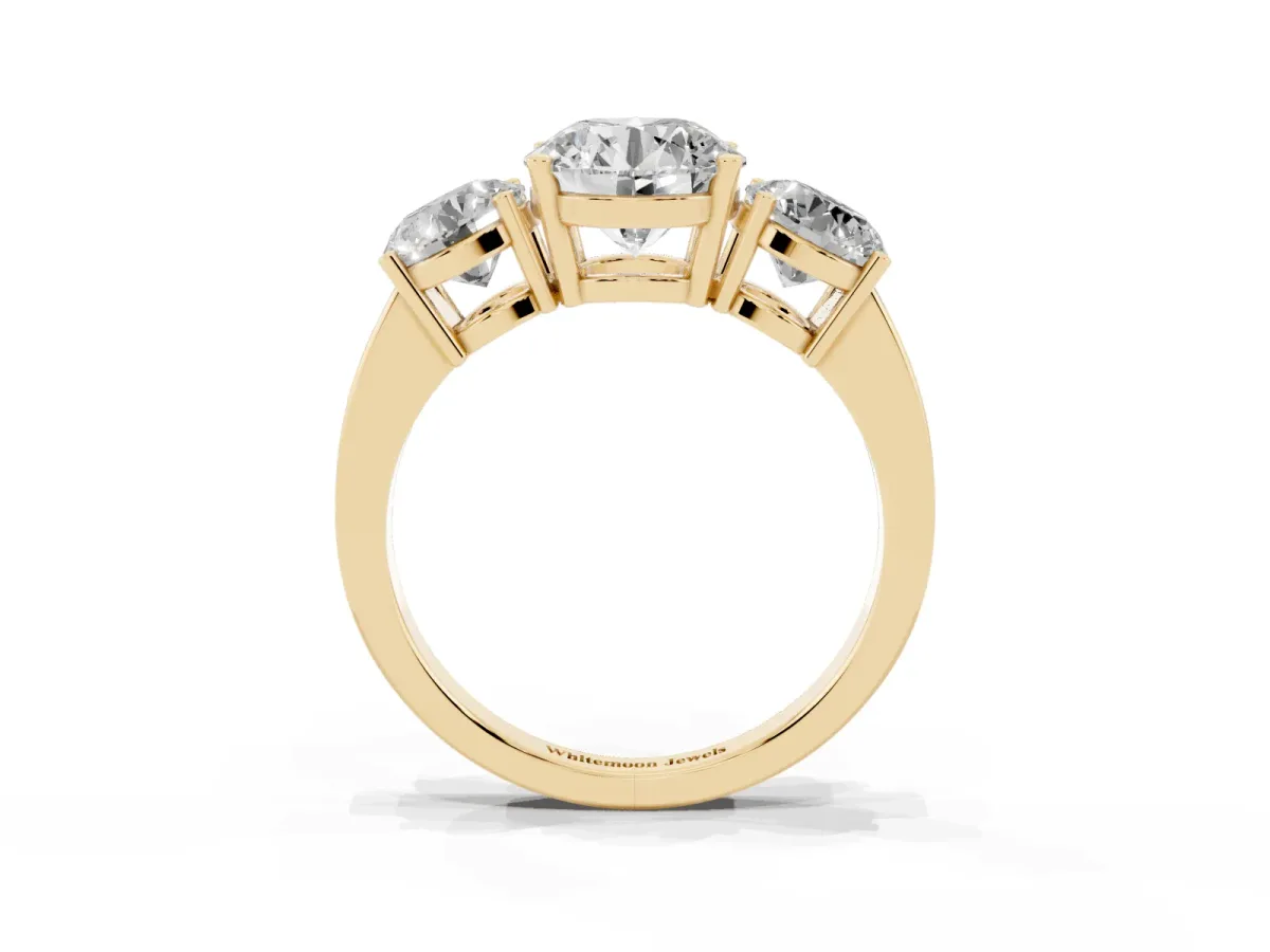 Three-Stone Round Cut Cut Diamond Engagement Ring with Flat Band and Four-Prong Setting Yellow gold