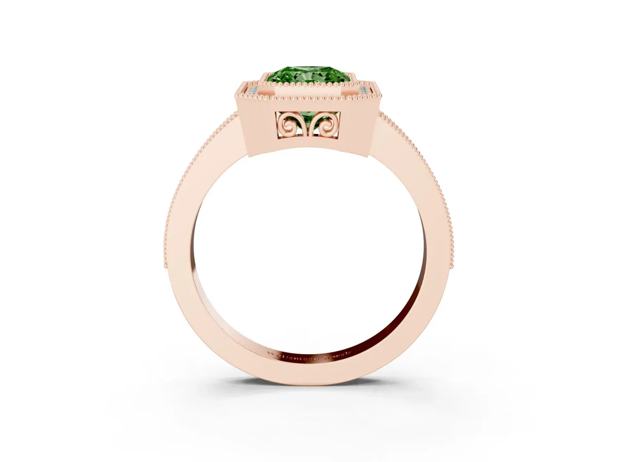 Fancy Green Radiant Cut Cut Halo Diamond Ring with Pavé Band and Milgrain Prong Setting Rose gold