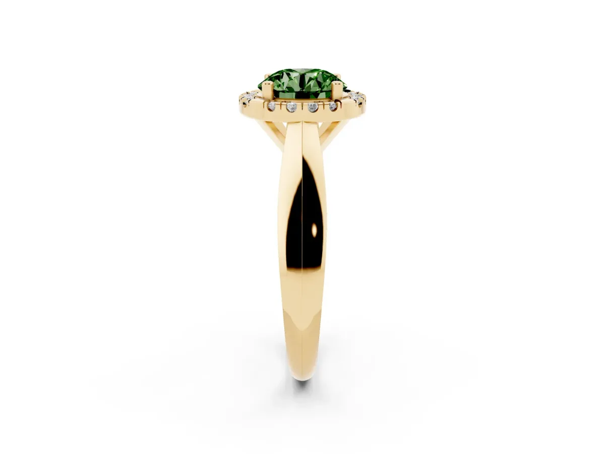 Fancy Green Round Cut Cut Halo Solitaire Engagement Ring with Square Band and Four-Prong Setting Yellow gold
