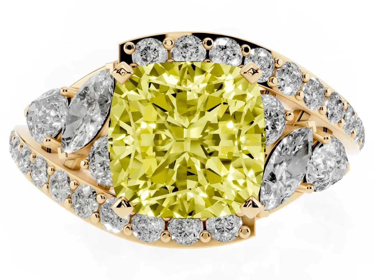 Fancy Yellow Cushion Cut Diamond Halo Ring with Marquise and Pavé Band in Prong Setting Yellow gold