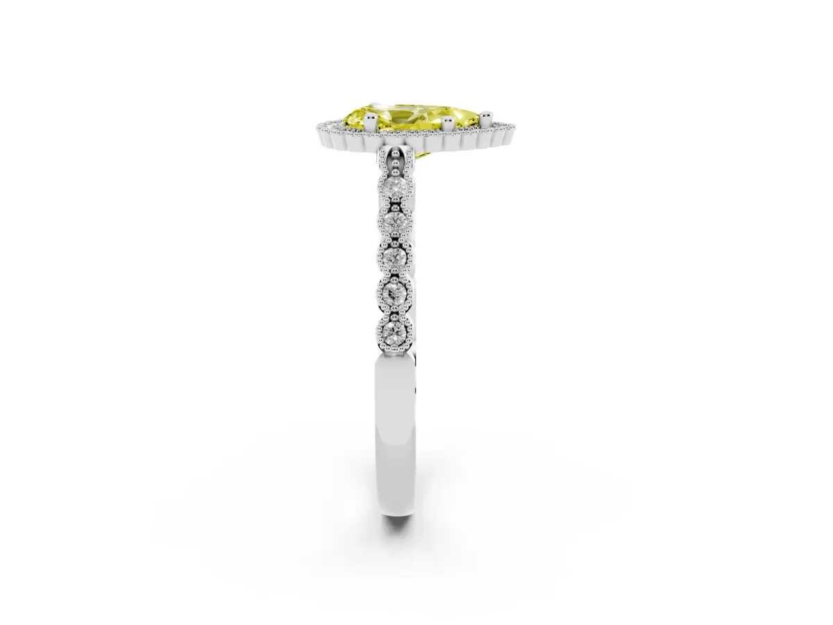 Fancy Yellow Pear Cut Cut Halo Pavé Solitaire Ring with Milgrain Band White gold