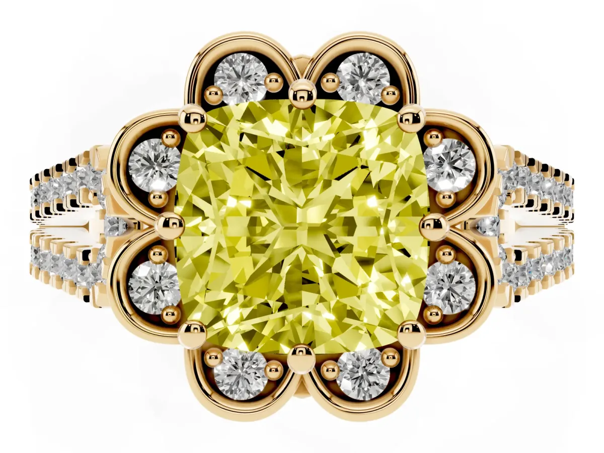 Fancy Yellow Cushion Cut Halo Diamond Floral Split Shank Engagement Ring Yellow gold
