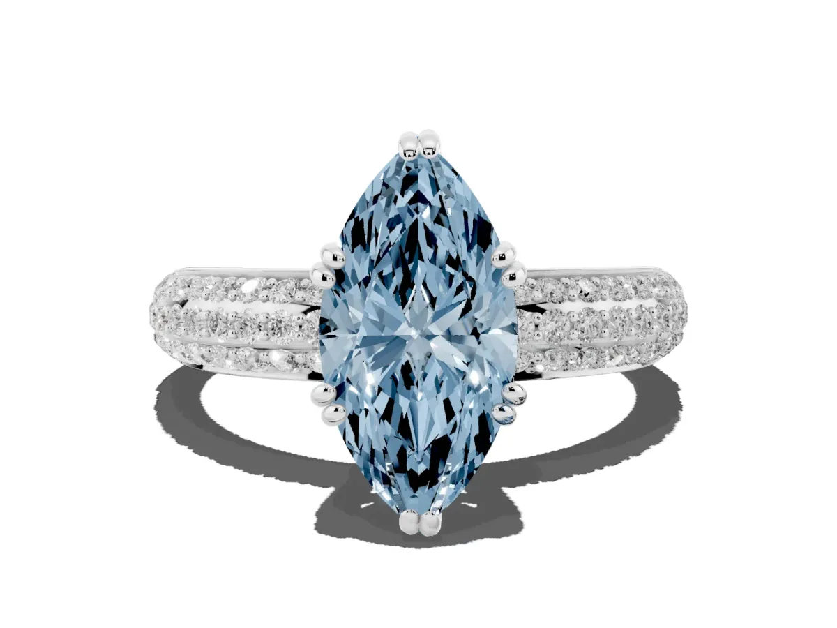 Fancy Blue Marquise Cut Diamond Solitaire Ring with Multi-Row Round Pavé Band and Prong Setting Silver