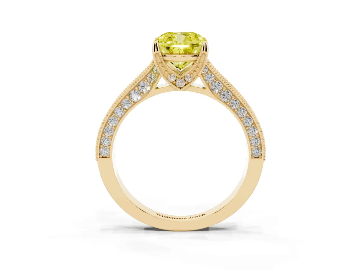 Fancy Yellow Cushion Cut Cut Diamond Solitaire Ring with Milgrain Pave Band and Four Prong Setting Yellow gold