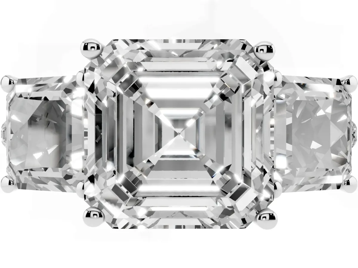 Three-Stone Asscher Cut Diamond Ring with Round Pavé Band and Prong Setting Silver