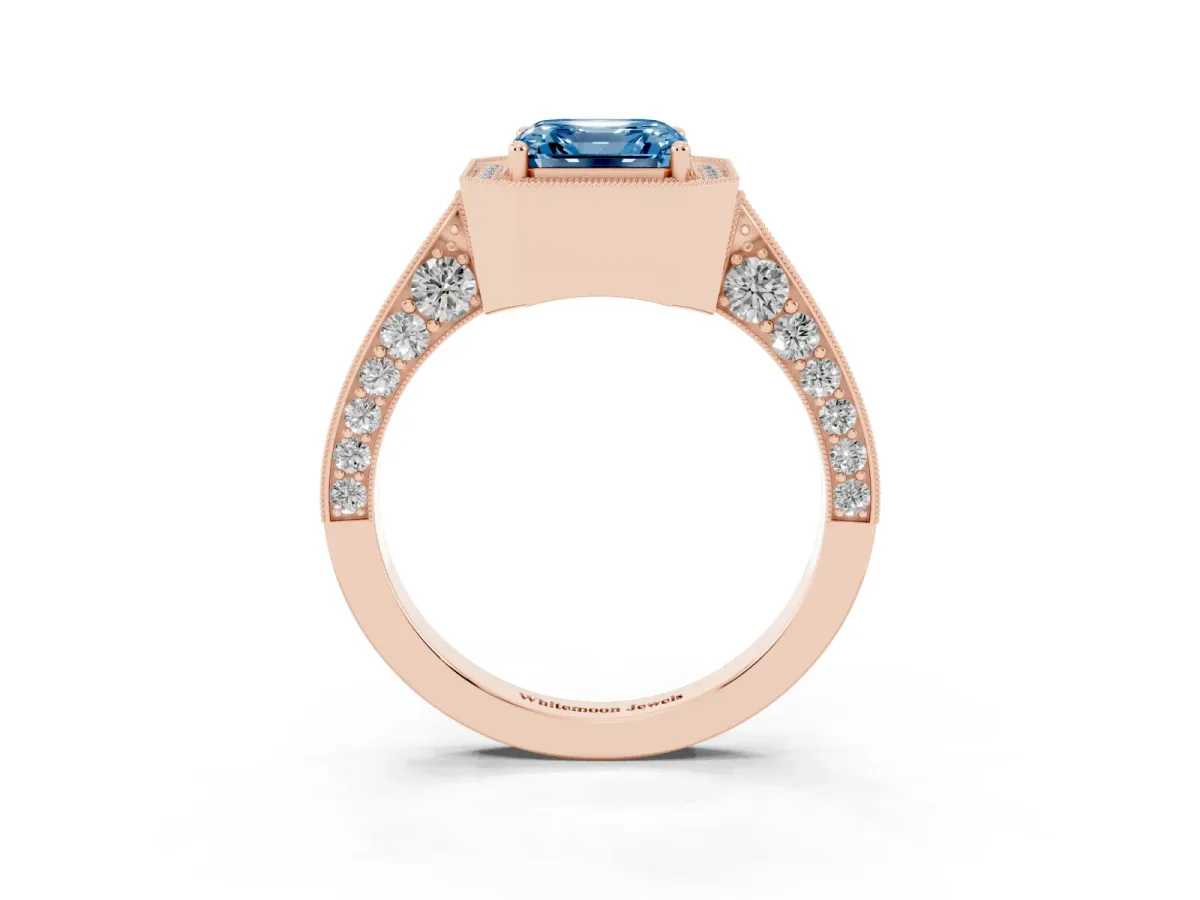 Fancy Blue Asscher Cut Halo Diamond Engagement Ring with Split Shank Band and Four-Prong Setting Rose gold