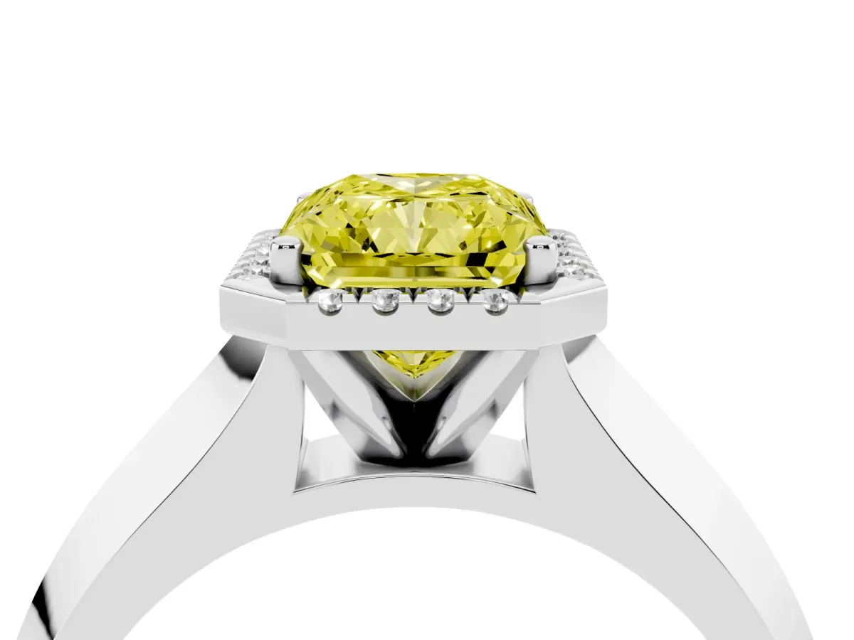 Fancy Yellow Radiant Cut Halo Diamond Ring with Cathedral Band and Four-Prong Setting White gold
