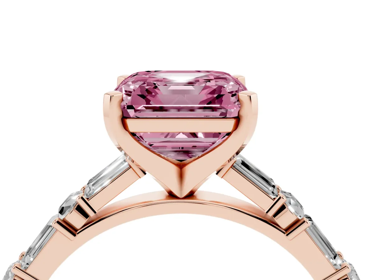 Fancy Pink Asscher Cut Diamond Solitaire with Side Baguettes and Channel Set Band Rose gold