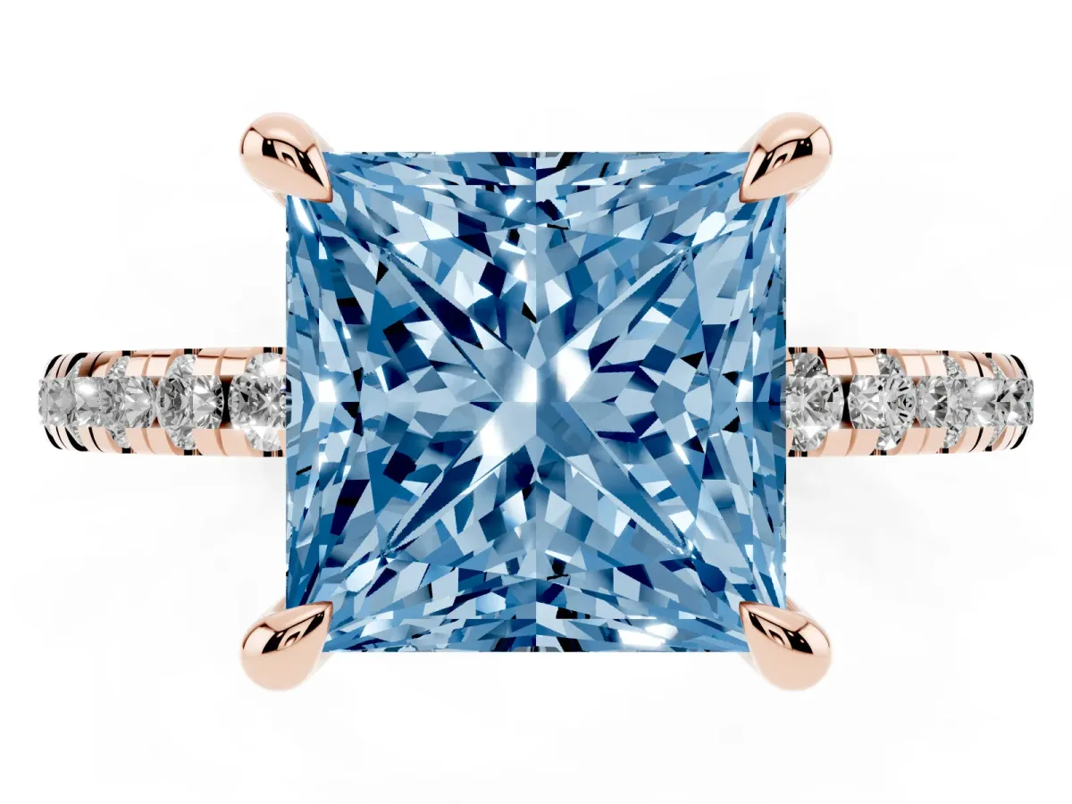 Fancy Blue Princess Cut Diamond Brilliant Solitaire Ring with Pavé Band and Four-Prong Setting Rose gold