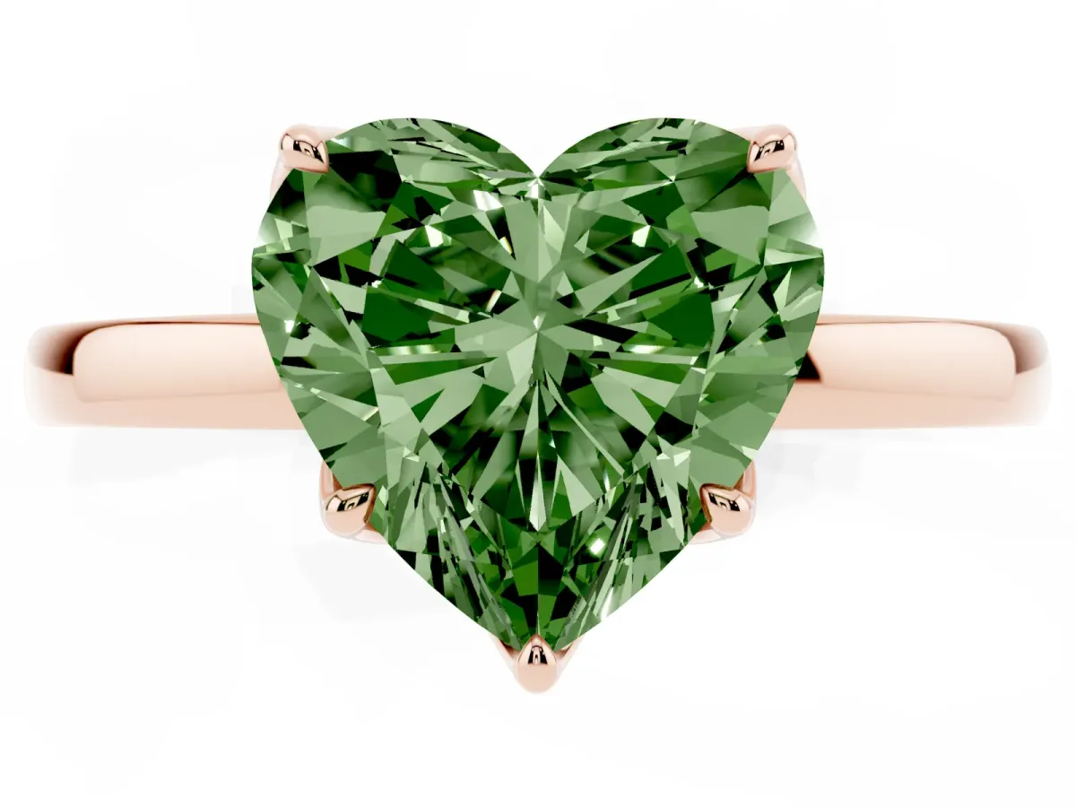 Fancy Green Heart Cut Diamond Solitaire Ring with Thin Band and Prong Setting Rose gold