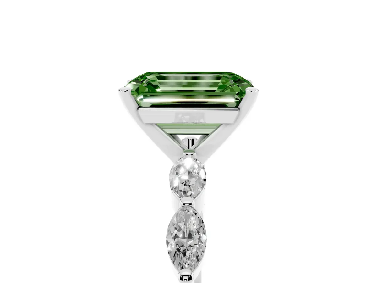Fancy Green Emerald Cut Diamond Ring with Marquise Side Stones and Prong Setting Platinum