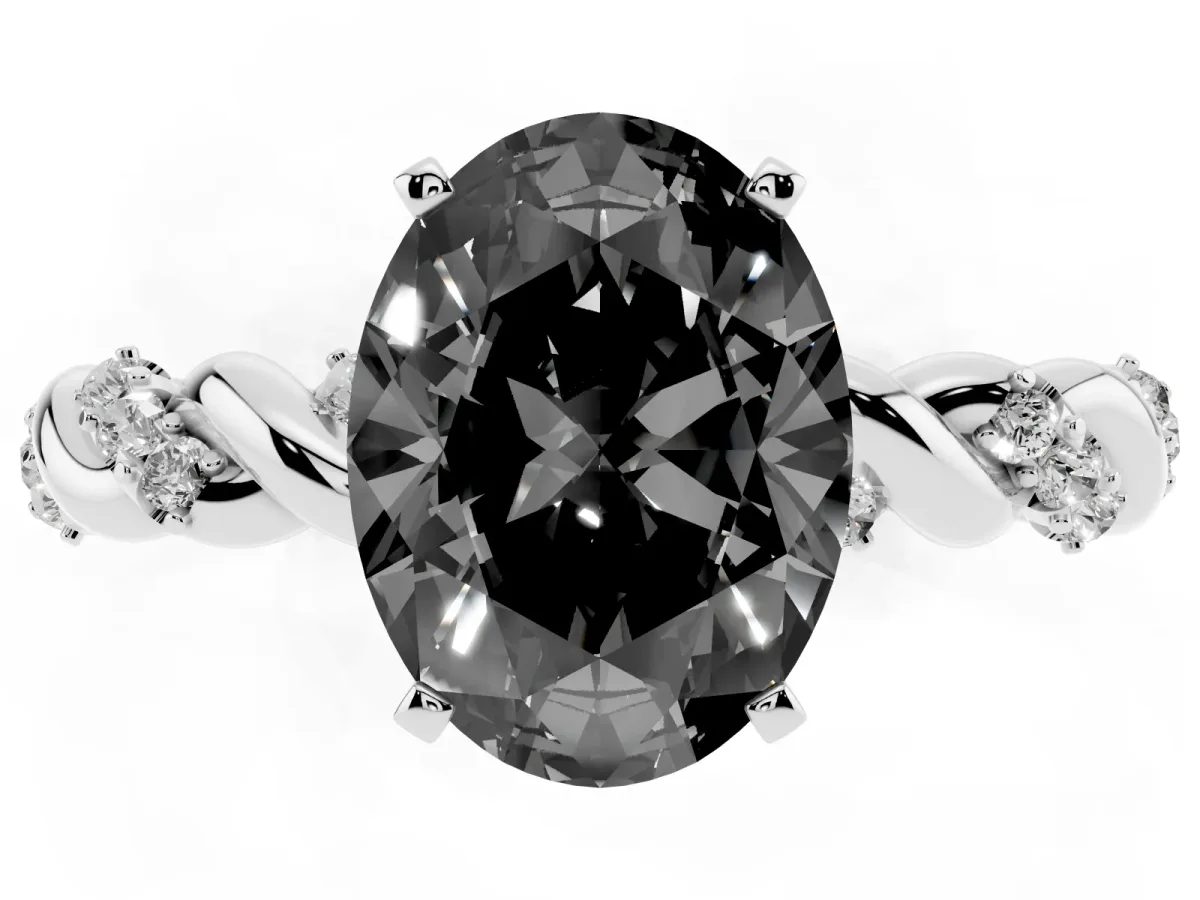 Fancy Black Oval Cut Diamond Solitaire Ring with Twisted Band and Pavé Accents Silver