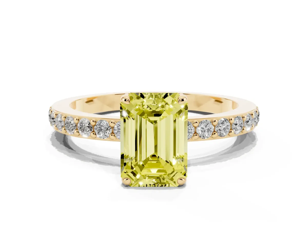 Fancy Yellow Emerald Cut Diamond Pavé Engagement Ring with Round Accents and Prong Setting Yellow gold