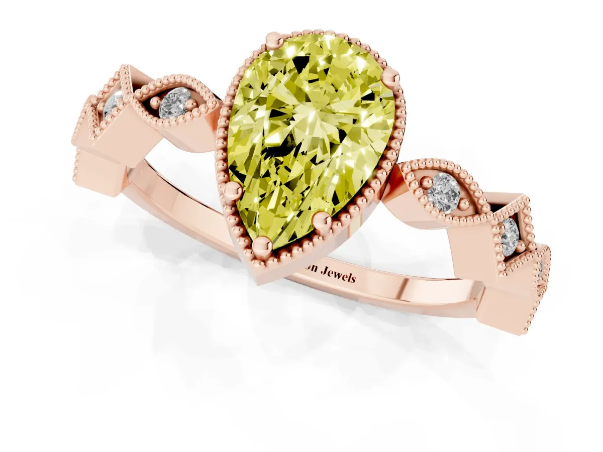 Fancy Yellow Pear Cut Milgrain Marquise Diamond Twist Band Ring Rose gold