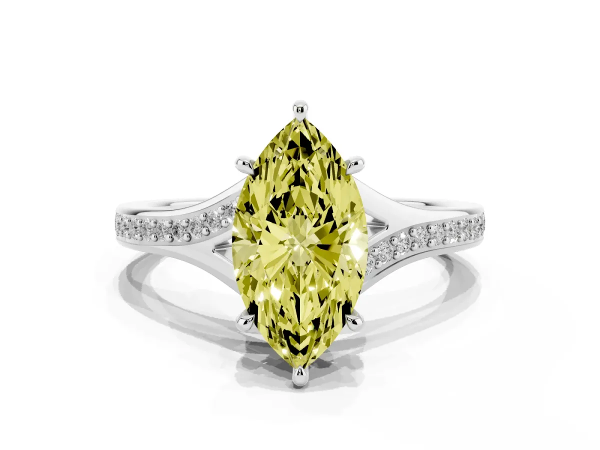 Fancy Yellow Marquise Cut Diamond Solitaire Ring with Pavé Band and Prong Setting Silver