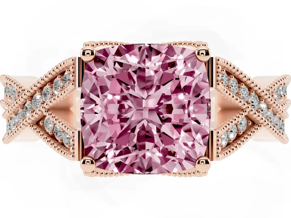 Fancy Pink Cushion Cut Cut Diamond Twisted Band with Milgrain Pave Setting and Four-Prong Setting Rose gold