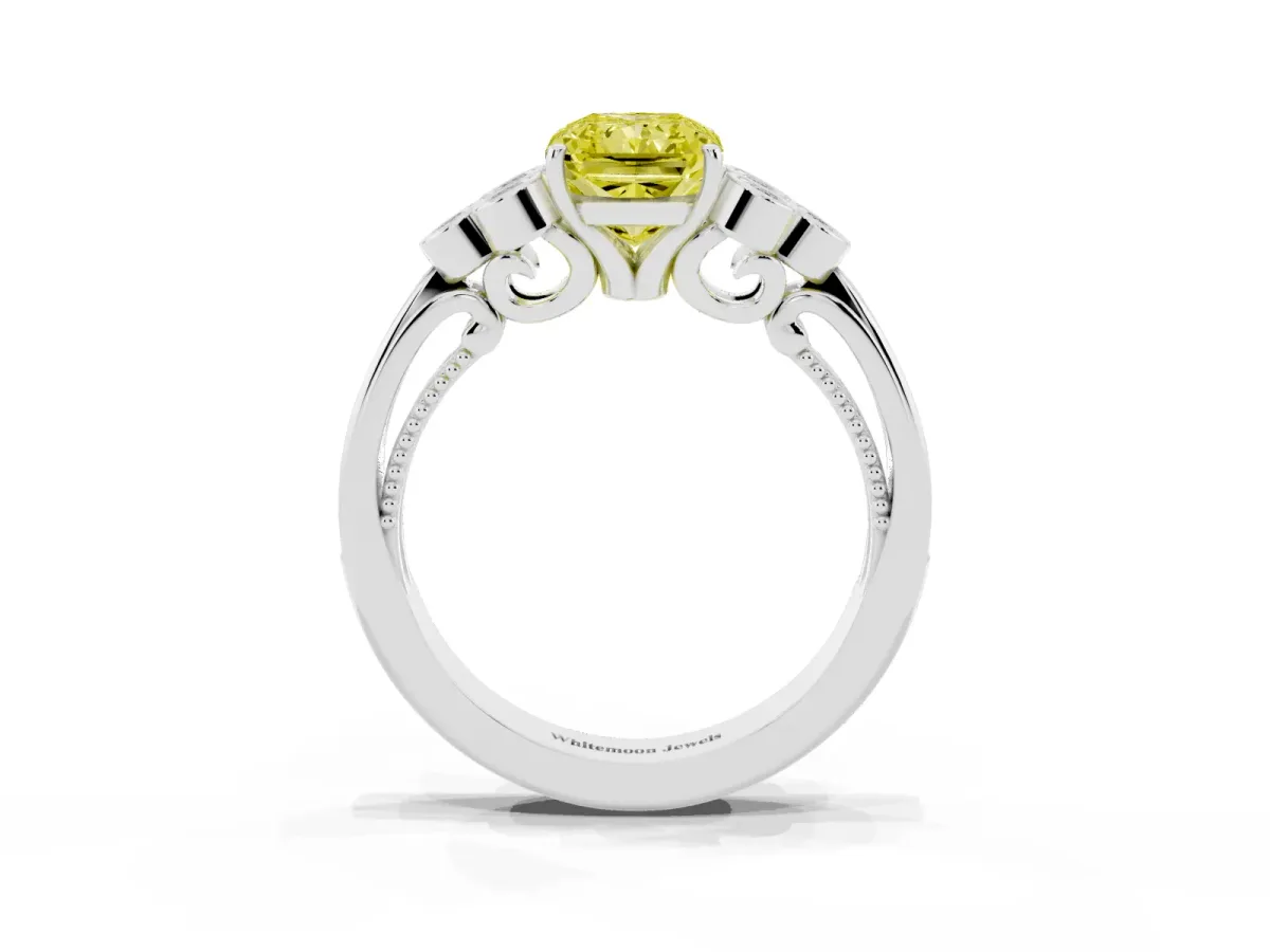 Fancy Yellow Radiant Cut Cut Diamond Engagement Ring with Bezel Set Round Side Stones and Prong Setting Platinum