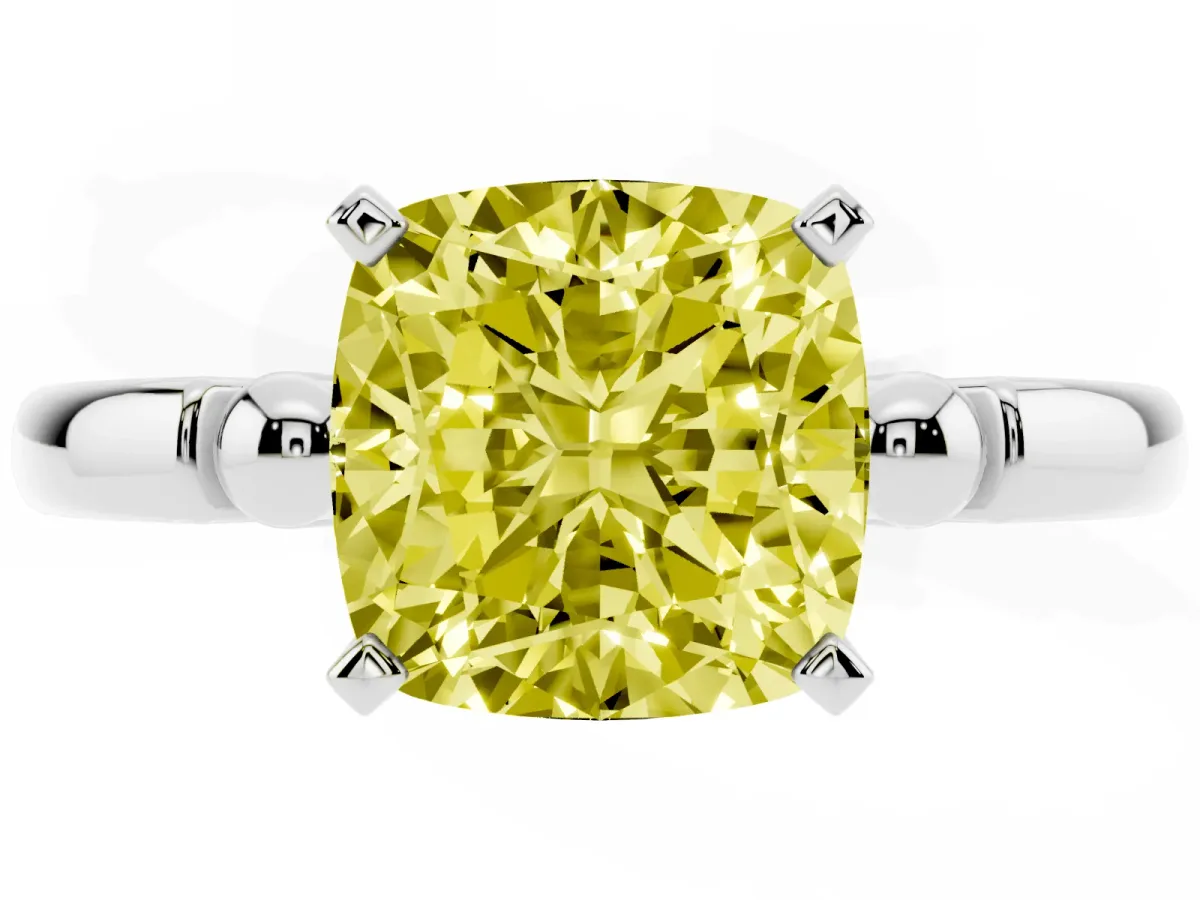 Fancy Yellow Cushion Cut Solitaire Beaded Band with Four-Prong Setting Silver