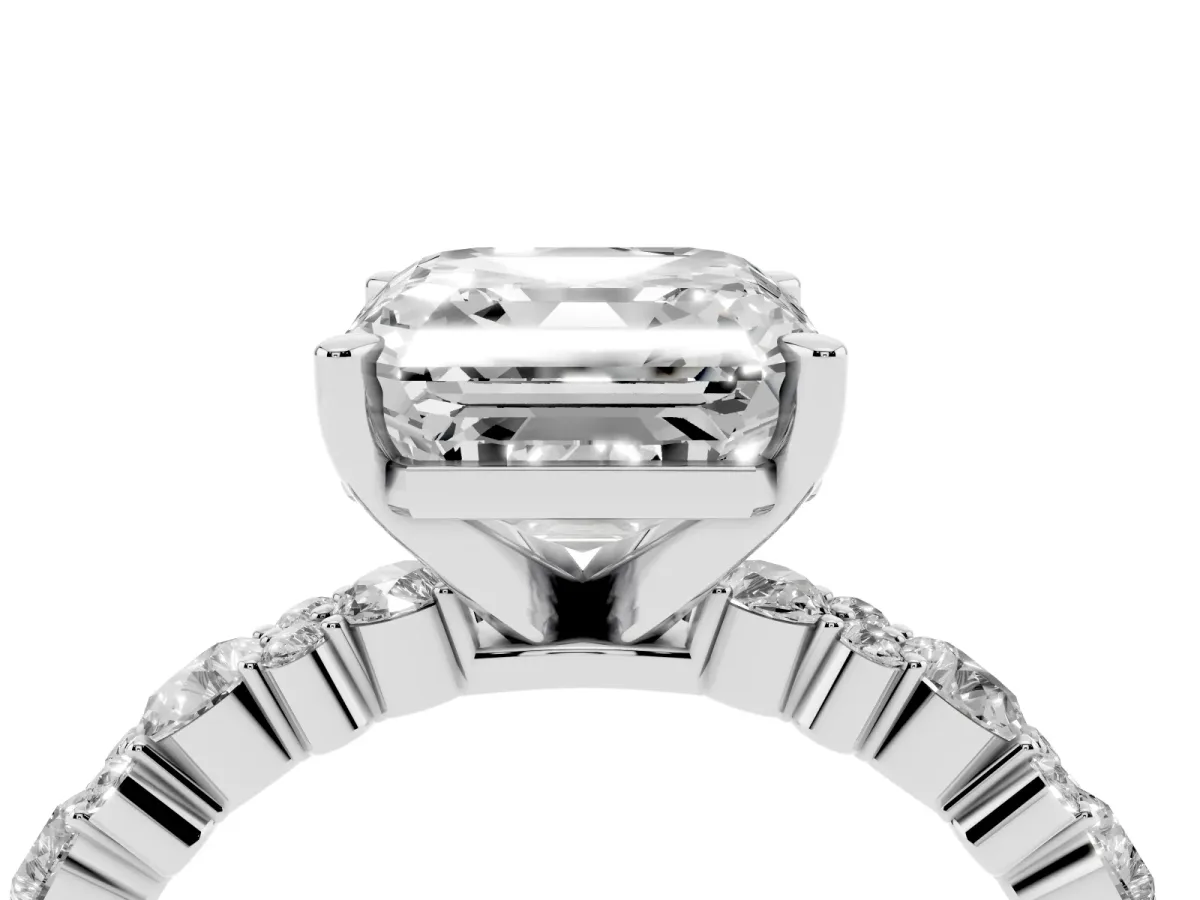 Asscher Cut Diamond Side Stone Solitaire Ring with Round and Four-Prong Setting Silver