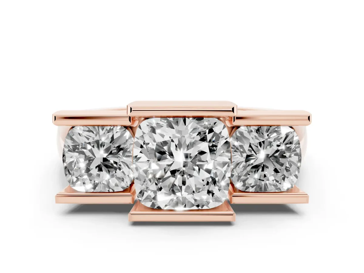 Three Stone Cushion Cut Cut Channel Set Diamond Ring Rose gold