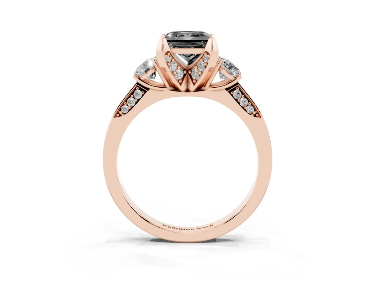 Fancy Black Princess Cut Brilliant Three-Stone Diamond Ring with Pavé Band and Four-Prong Setting Rose gold