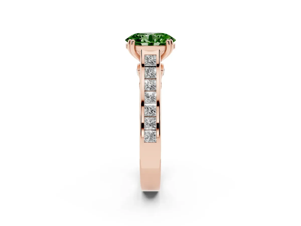 Fancy Green Oval Cut Cut Channel Set Solitaire Engagement Ring with Prong Setting Rose gold