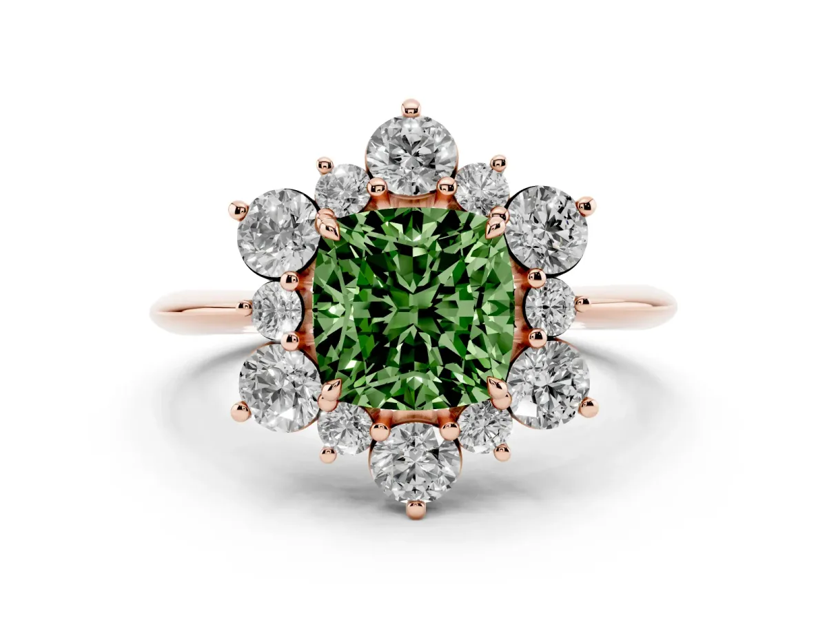 Fancy Green Cushion Cut Diamond Cluster Halo Ring with Solitaire Band and Four-Prong Setting Rose gold