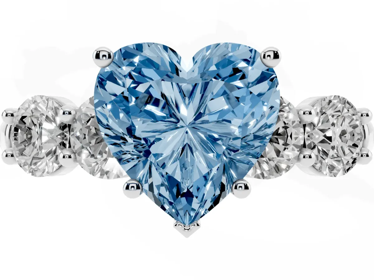 Fancy Blue Heart Cut Cut Five-Stone Prong Set Diamond Ring with Classic Band Silver