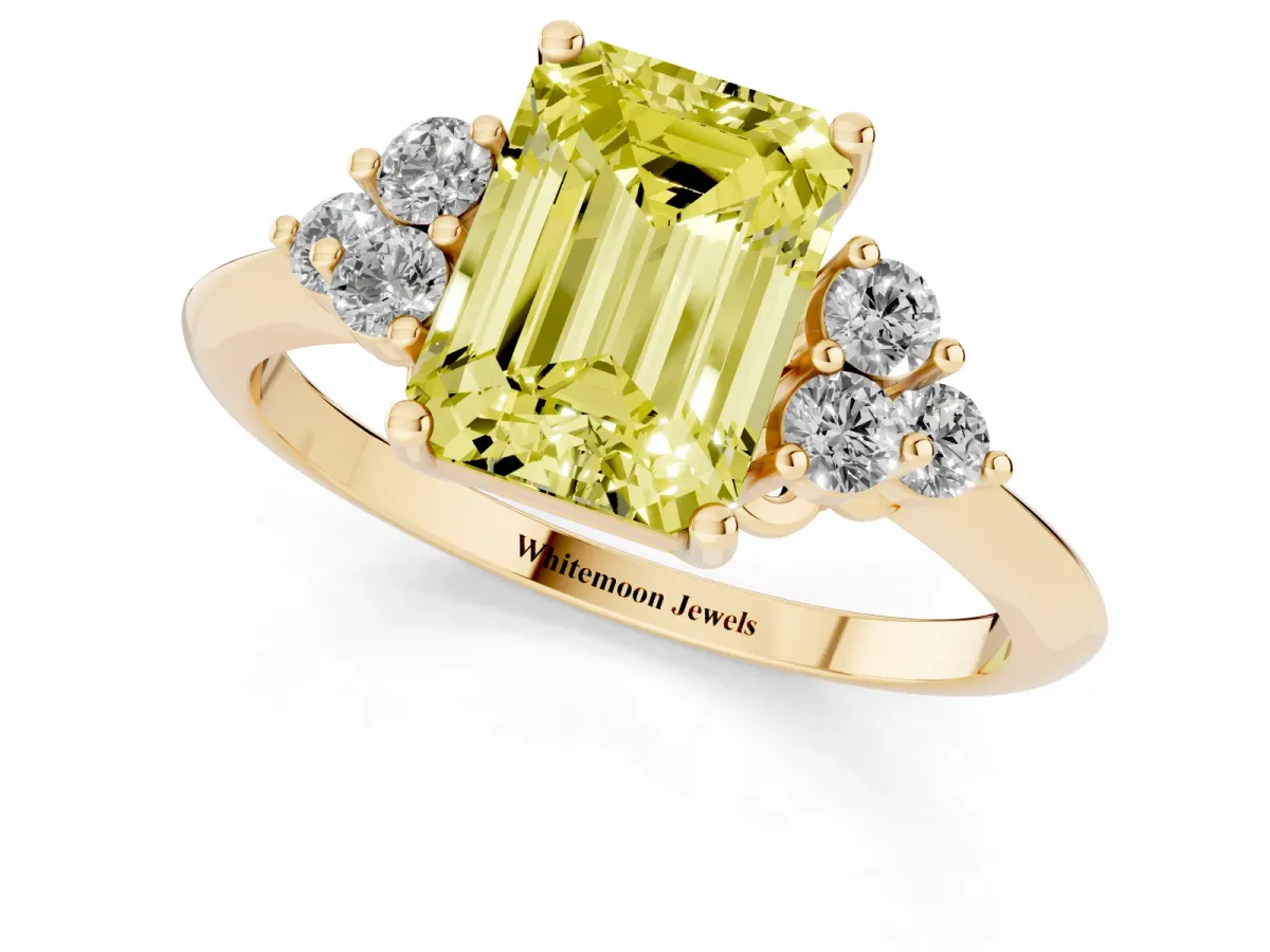 Fancy Yellow Emerald Cut Cut Diamond Cluster Ring with Solitaire Band and Four-Prong Setting Yellow gold
