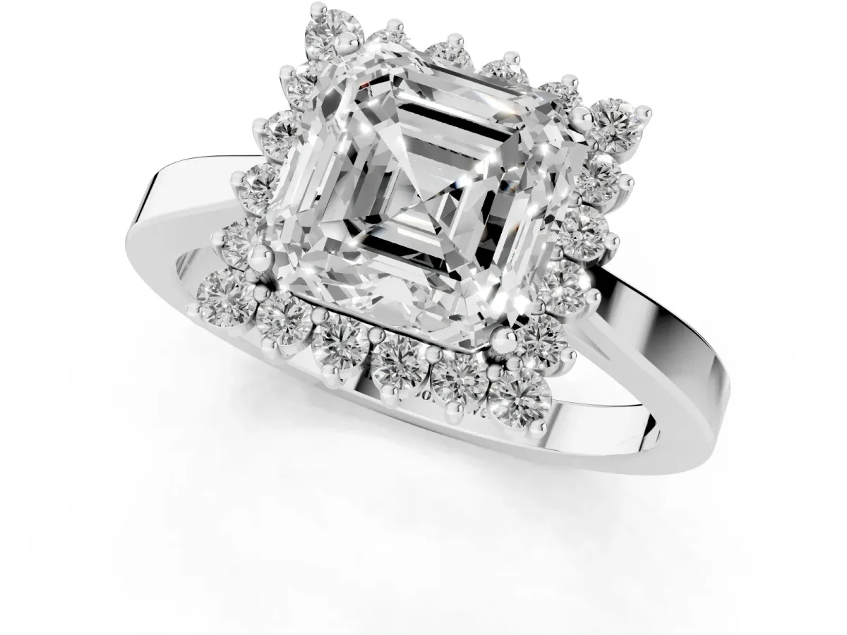Asscher Cut Cut Diamond Halo Ring with Round Brilliant Halo and Solitaire Band Silver