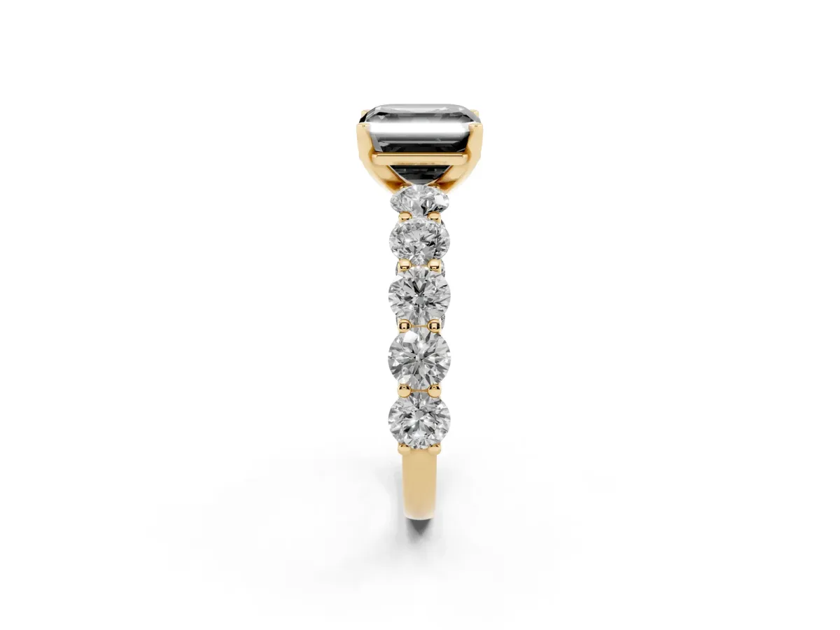 Fancy Black Asscher Cut Diamond Prong Setting with Side Stones on a Pave Band Yellow gold