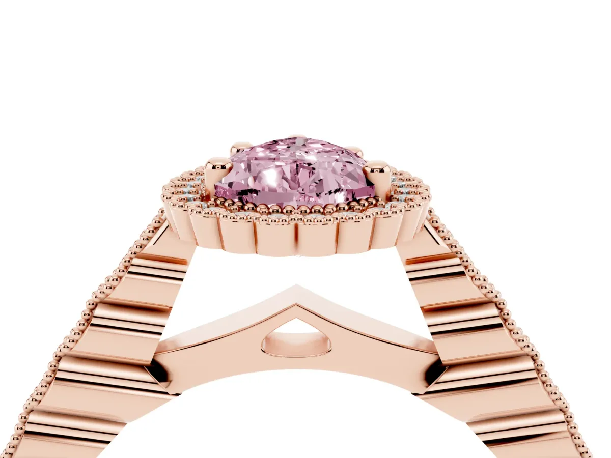 Fancy Pink Pear Cut Cut Halo Pavé Solitaire Ring with Milgrain Band Rose gold