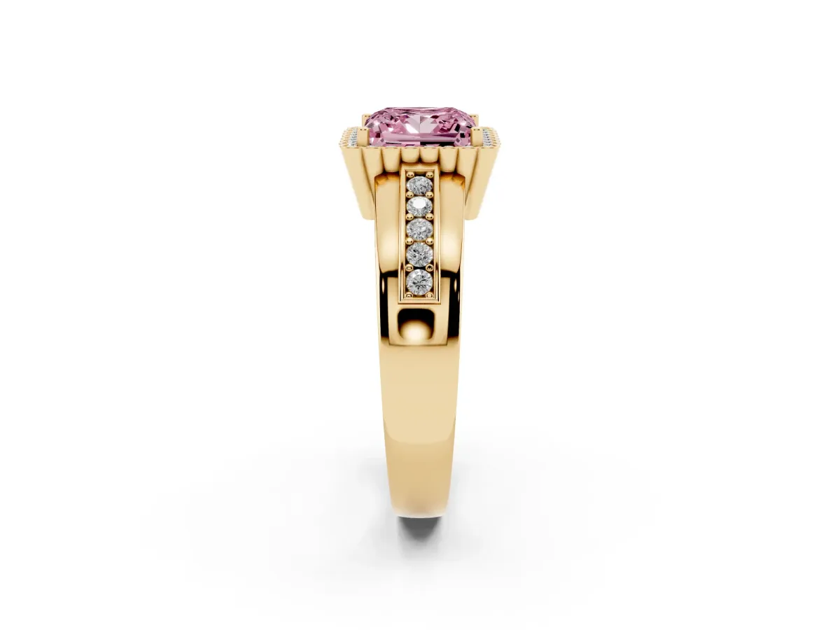 Fancy Pink Princess Cut Cut Halo Pave Band Four-Prong Ring Yellow gold