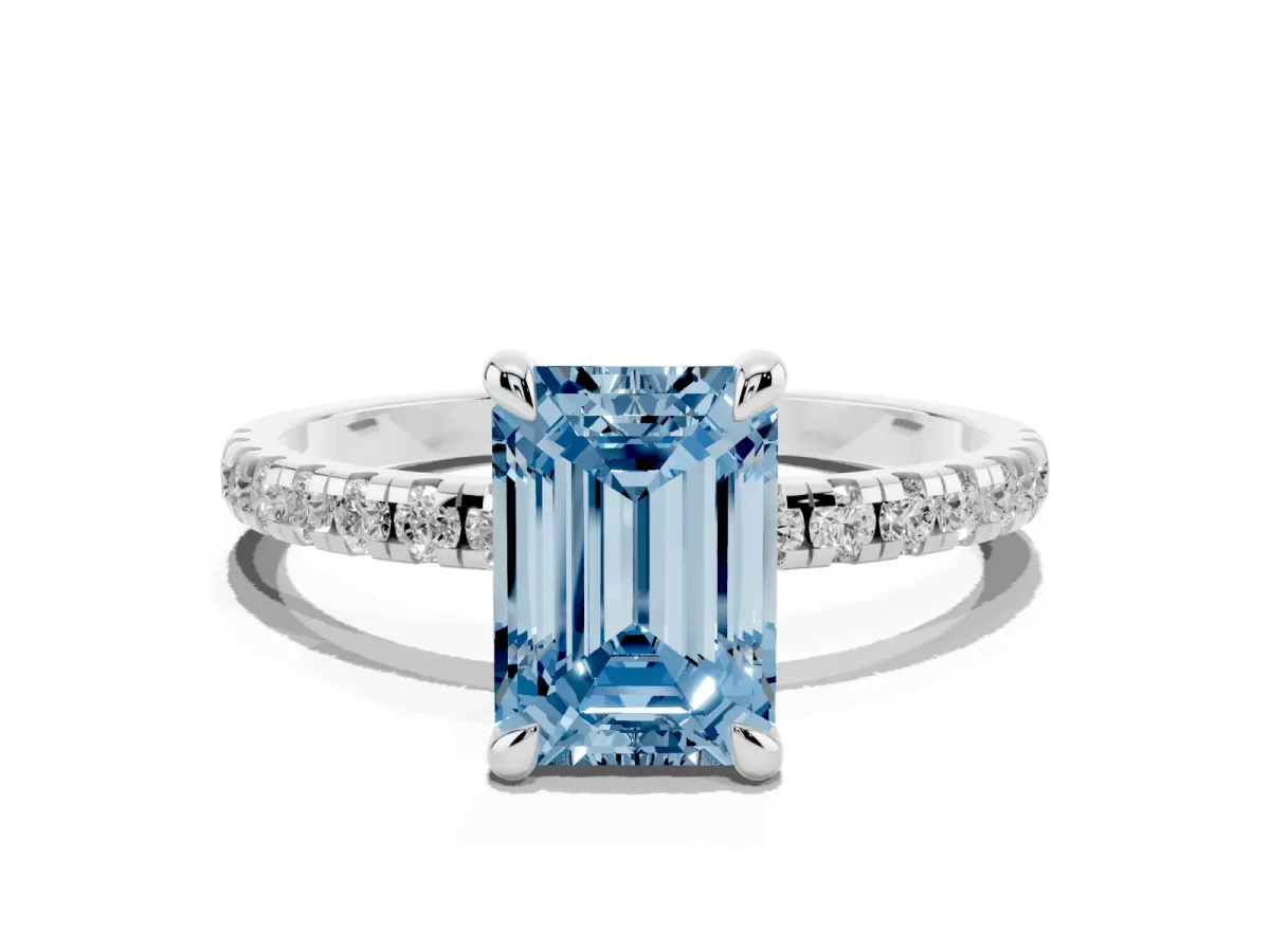 Fancy Blue Emerald Cut Diamond Brilliant Solitaire Ring with Pavé Band and Four-Prong Setting Silver