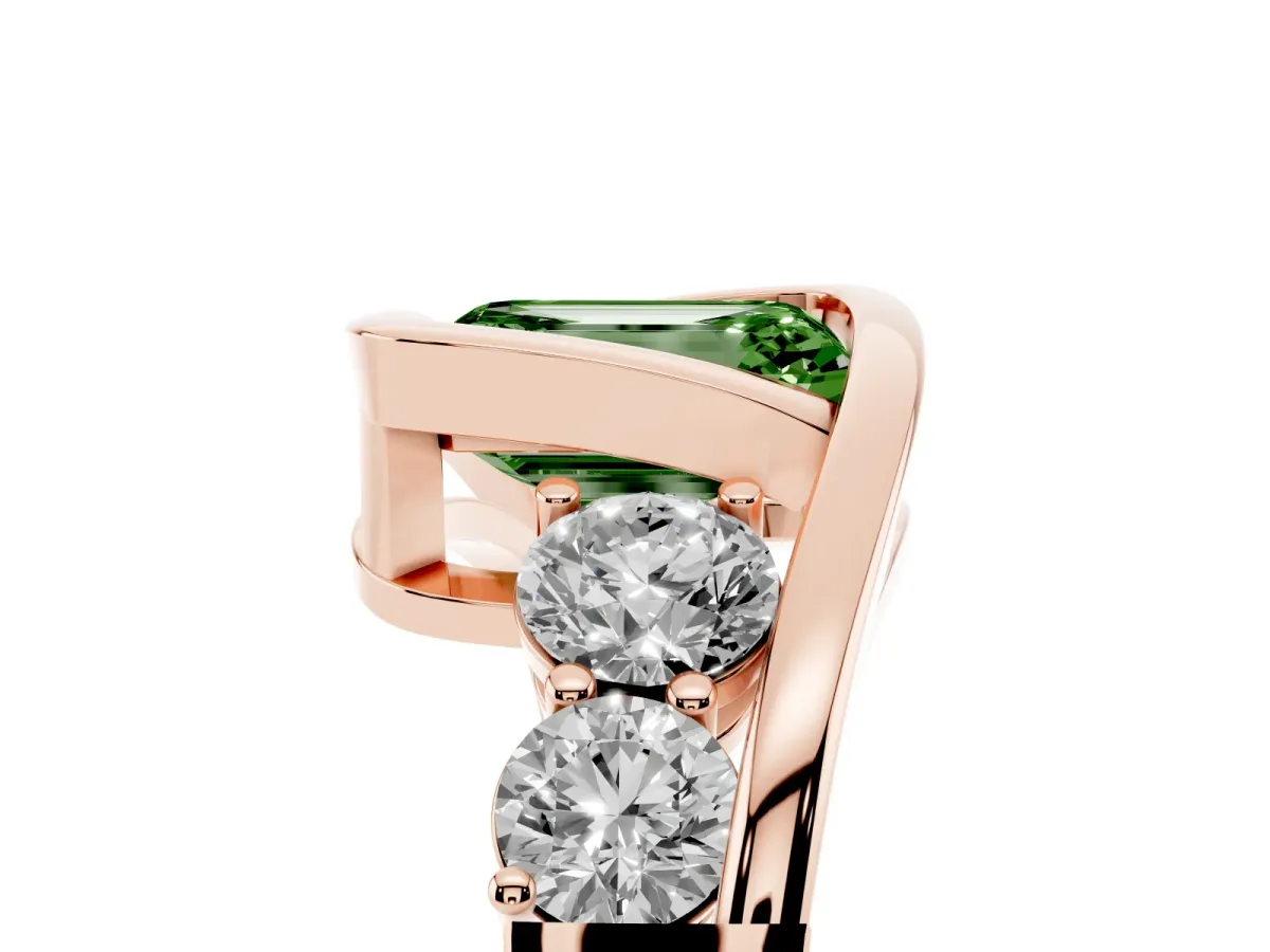 Fancy Green Bezel Set Emerald Cut Diamond Bypass Ring with Round Accents Rose gold