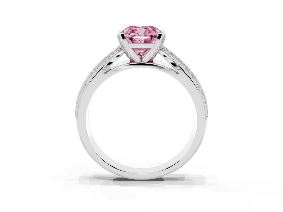 Fancy Pink Cushion Cut Diamond Solitaire Ring with Milgrain Round Pavé Band and Prong Setting Silver